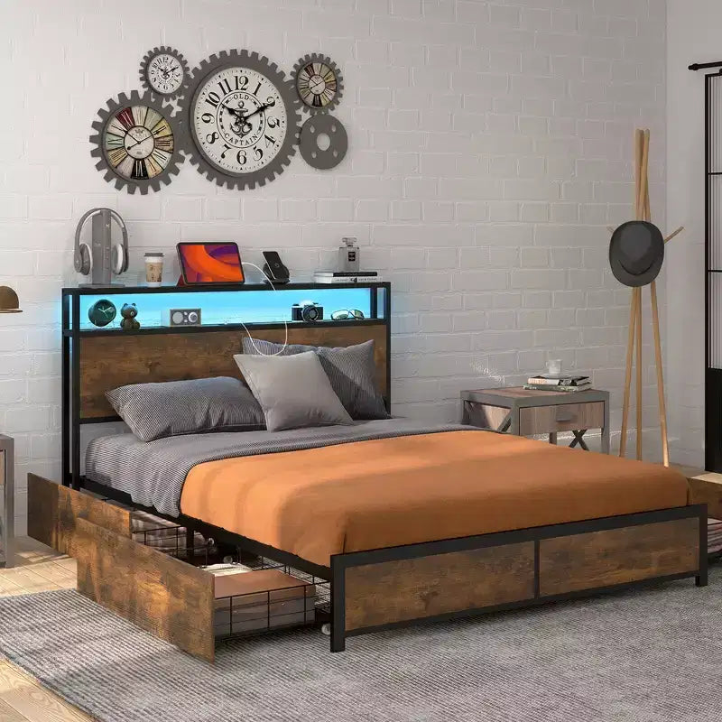 Costway Cama de plataforma industrial matrimonial/Queen con cajones de almacenamiento y cabecera con luces LED