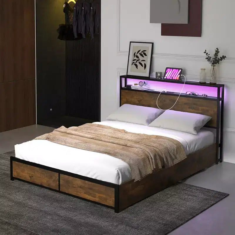 Costway Cama de plataforma industrial matrimonial/Queen con cajones de almacenamiento y cabecera con luces LED
