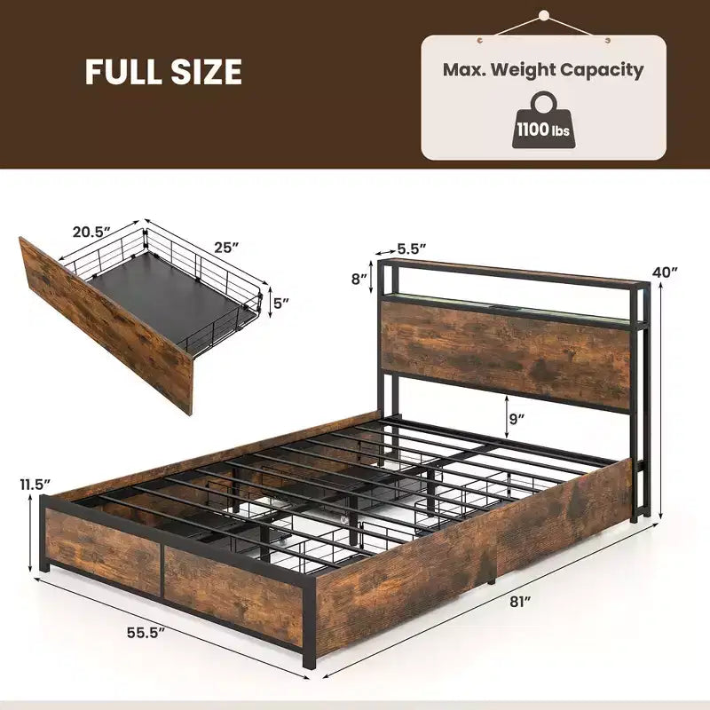 Costway Cama de plataforma industrial matrimonial/Queen con cajones de almacenamiento y cabecera con luces LED
