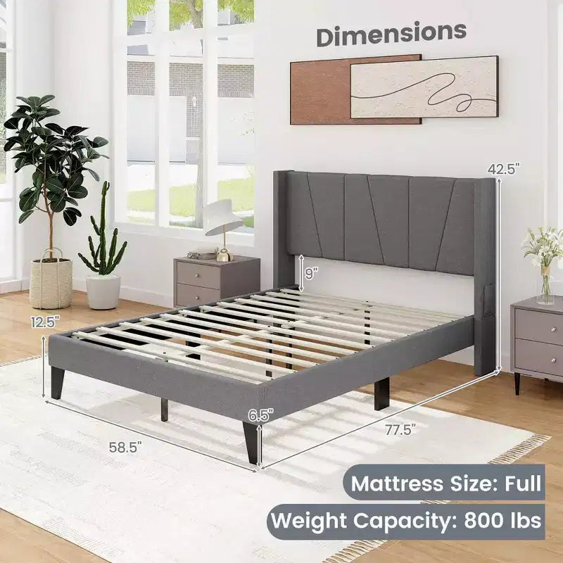 Base de cama tapizada Costway tamaño completo con bolsillos elásticos y base para colchón, color gris