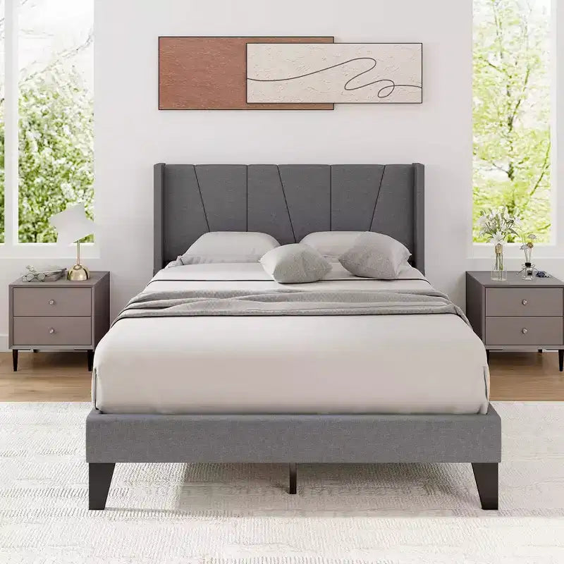 Base de cama tapizada Costway tamaño completo con bolsillos elásticos y base para colchón, color gris