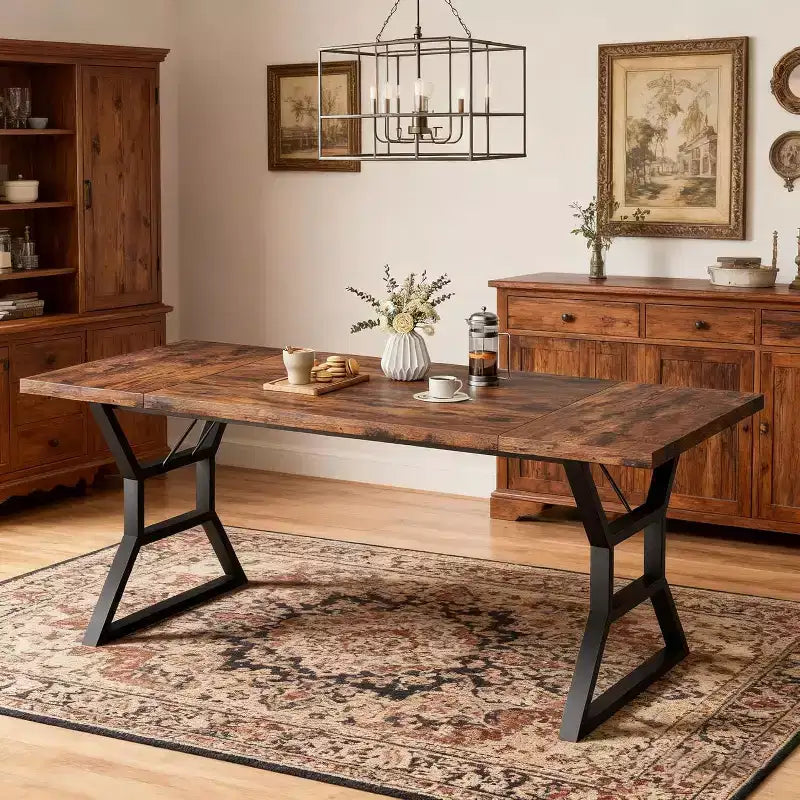 Mesa de comedor larga industrial rústica de 70.9 pulgadas para 6-8 personas, tablero de madera de ingeniería y estructura de hierro, diseño calado para cocina, comedor