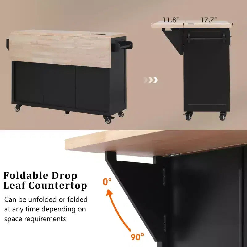 Isla de Cocina con Abatible, Carrito de Cocina Rodante con Ruedas con Puertas, Cajones y Toma de Corriente para Comedor