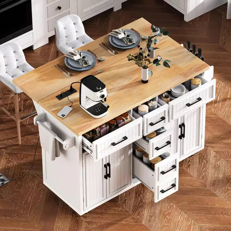 Isla de Cocina con Abatible, Carrito de Cocina Rodante con Ruedas con Puertas, Cajones y Toma de Corriente para Comedor