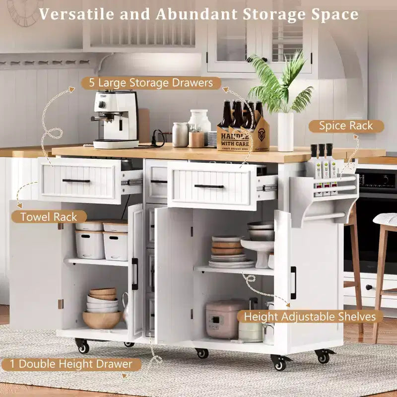 Isla de Cocina con Abatible, Carrito de Cocina Rodante con Ruedas con Puertas, Cajones y Toma de Corriente para Comedor