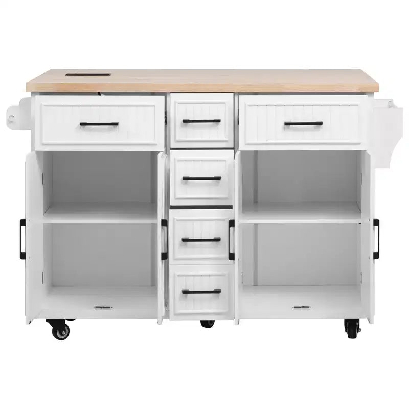 Isla de Cocina con Abatible, Carrito de Cocina Rodante con Ruedas con Puertas, Cajones y Toma de Corriente para Comedor