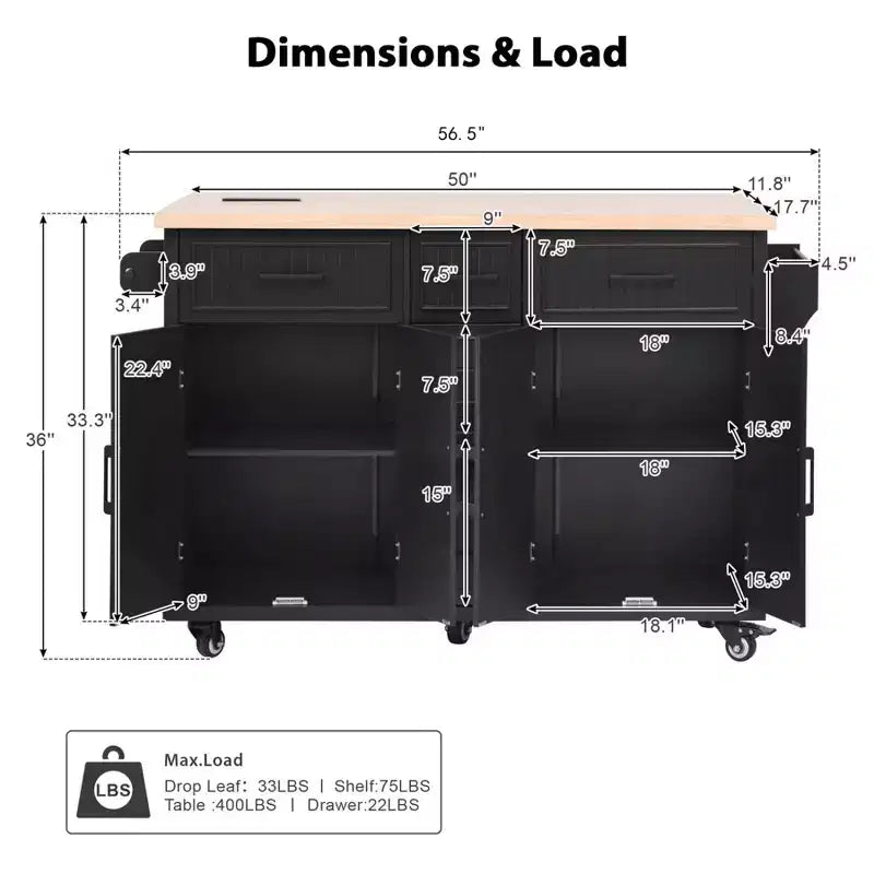 Isla de Cocina con Abatible, Carrito de Cocina Rodante con Ruedas con Puertas, Cajones y Toma de Corriente para Comedor