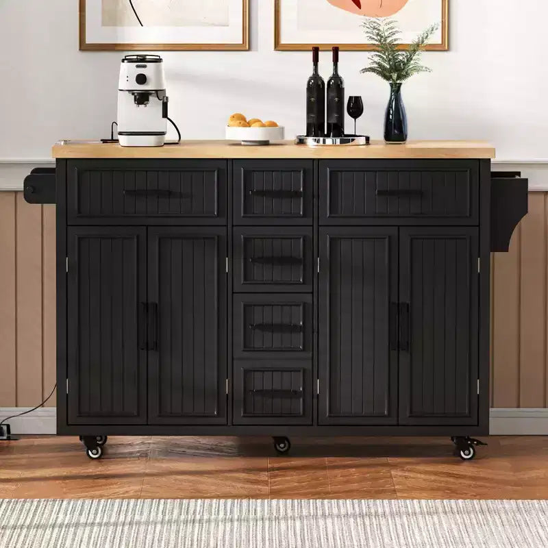 Isla de Cocina con Abatible, Carrito de Cocina Rodante con Ruedas con Puertas, Cajones y Toma de Corriente para Comedor