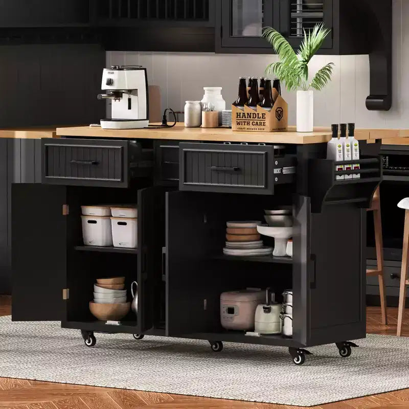 Isla de Cocina con Abatible, Carrito de Cocina Rodante con Ruedas con Puertas, Cajones y Toma de Corriente para Comedor