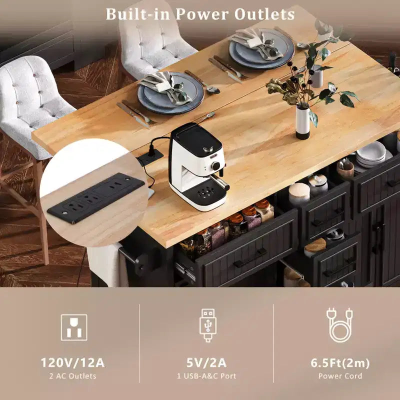 Isla de Cocina con Abatible, Carrito de Cocina Rodante con Ruedas con Puertas, Cajones y Toma de Corriente para Comedor