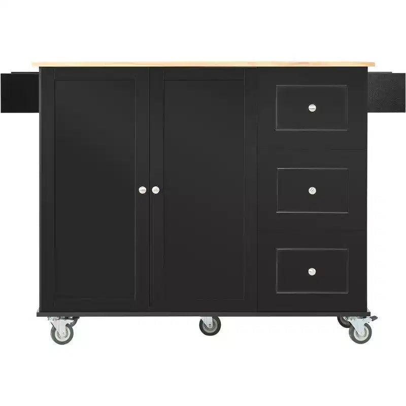 Carro de cocina con superficie de madera y barra de desayuno plegable, isla de cocina móvil con ruedas, almacenamiento y toallero