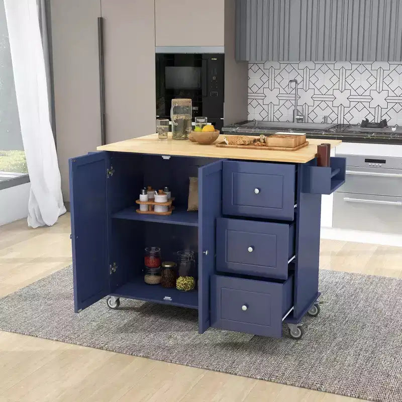 Carro de cocina con superficie de madera y barra de desayuno plegable, isla de cocina móvil con ruedas, almacenamiento y toallero