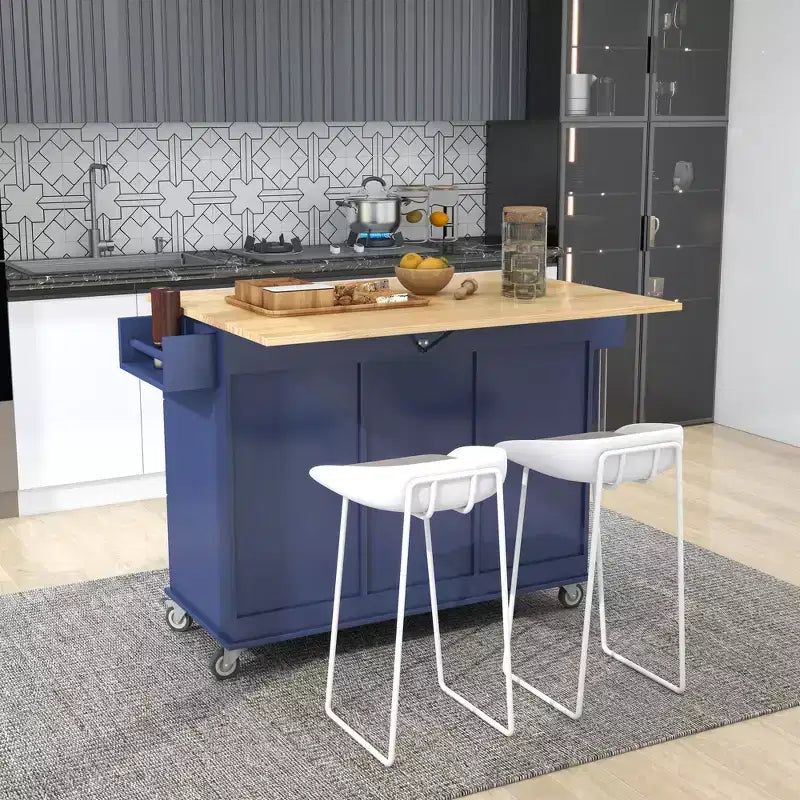 Carro de cocina con superficie de madera y barra de desayuno plegable, isla de cocina móvil con ruedas, almacenamiento y toallero