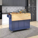 Carro de cocina con superficie de madera y barra de desayuno plegable, isla de cocina móvil con ruedas, almacenamiento y toallero