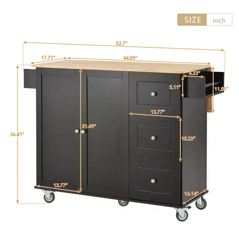 Carro de cocina con superficie de madera y barra de desayuno plegable, isla de cocina móvil con ruedas, almacenamiento y toallero