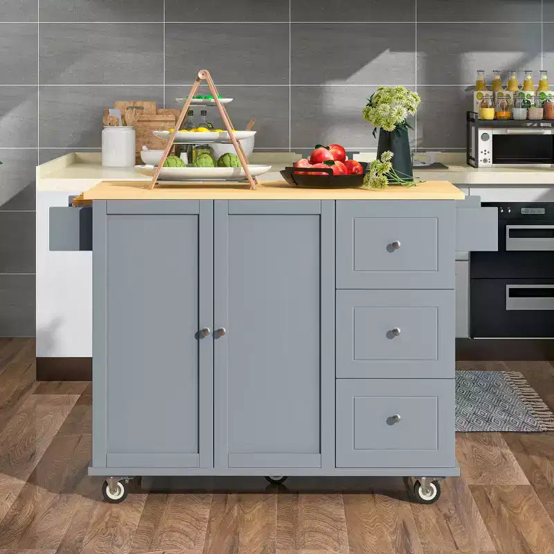 Carro de cocina con superficie de madera y barra de desayuno plegable, isla de cocina móvil con ruedas, almacenamiento y toallero