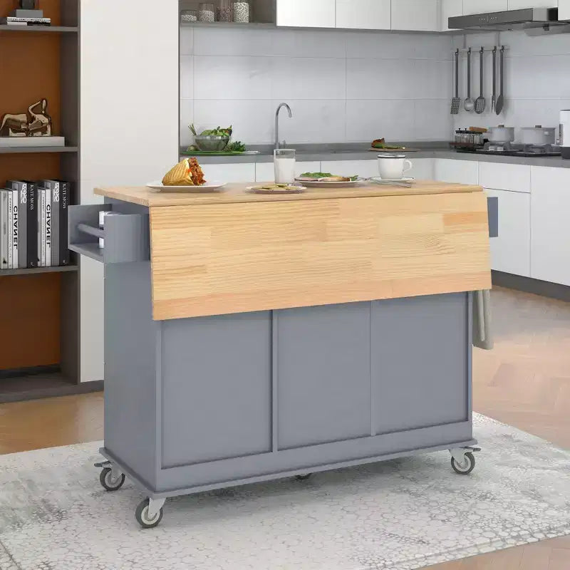 Carro de cocina con superficie de madera y barra de desayuno plegable, isla de cocina móvil con ruedas, almacenamiento y toallero