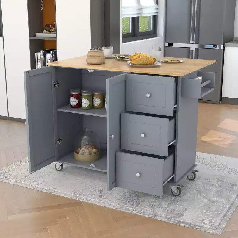Carro de cocina con superficie de madera y barra de desayuno plegable, isla de cocina móvil con ruedas, almacenamiento y toallero
