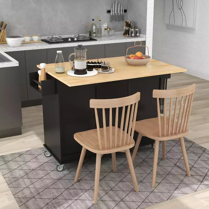 Carro de cocina con superficie de madera y barra de desayuno plegable, isla de cocina móvil con ruedas, almacenamiento y toallero