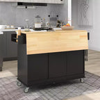 Carro de cocina con superficie de madera y barra de desayuno plegable, isla de cocina móvil con ruedas, almacenamiento y toallero