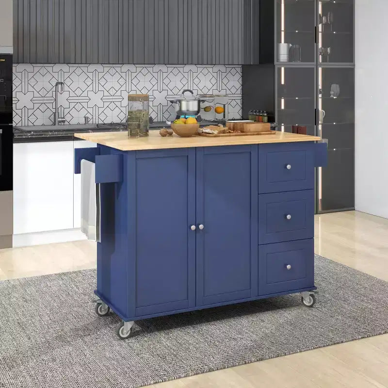 Carro de cocina con superficie de madera y barra de desayuno plegable, isla de cocina móvil con ruedas, almacenamiento y toallero