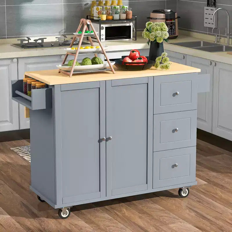 Carro de cocina con superficie de madera y barra de desayuno plegable, isla de cocina móvil con ruedas, almacenamiento y toallero