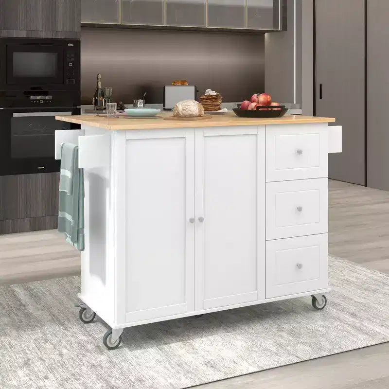 Carro de cocina con superficie de madera y barra de desayuno plegable, isla de cocina móvil con ruedas, almacenamiento y toallero