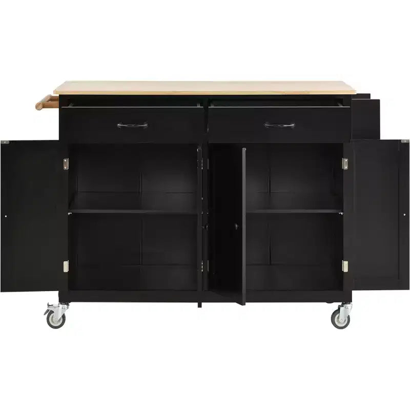 Carro de cocina con ruedas y encimera de madera maciza, ruedas con bloqueo, 137.9 cm de ancho, armario de 4 puertas y dos cajones, especiero