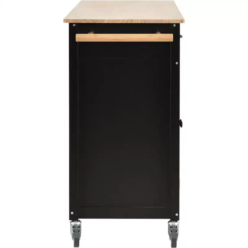 Carro de cocina con ruedas y encimera de madera maciza, ruedas con bloqueo, 137.9 cm de ancho, armario de 4 puertas y dos cajones, especiero