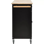 Carro de cocina con ruedas y encimera de madera maciza, ruedas con bloqueo, 137.9 cm de ancho, armario de 4 puertas y dos cajones, especiero
