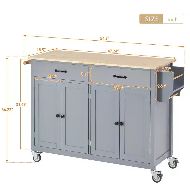 Carro de cocina con ruedas y encimera de madera maciza, ruedas con bloqueo, 137.9 cm de ancho, armario de 4 puertas y dos cajones, especiero