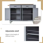 Carro de cocina con ruedas y encimera de madera maciza, ruedas con bloqueo, 137.9 cm de ancho, armario de 4 puertas y dos cajones, especiero