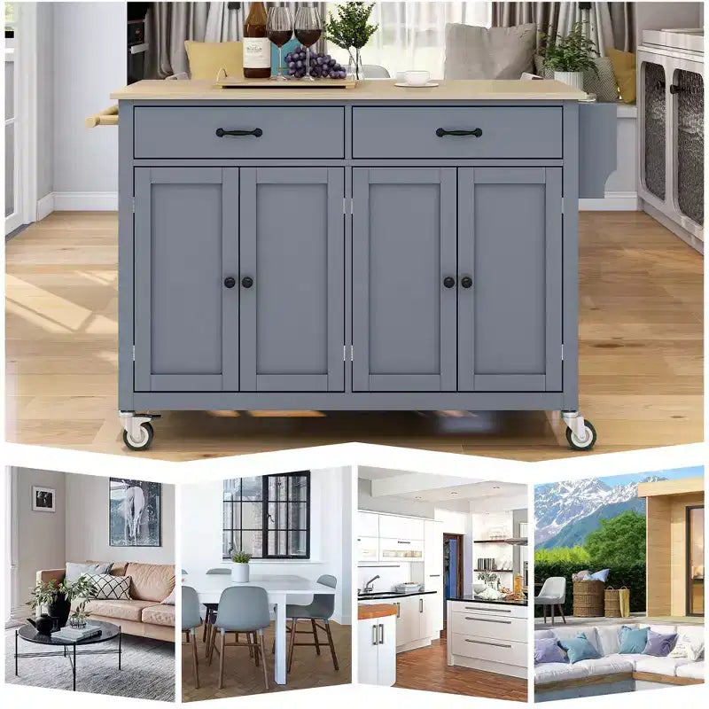 Carro de cocina con ruedas y encimera de madera maciza, ruedas con bloqueo, 137.9 cm de ancho, armario de 4 puertas y dos cajones, especiero