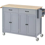 Carro de cocina con ruedas y encimera de madera maciza, ruedas con bloqueo, 137.9 cm de ancho, armario de 4 puertas y dos cajones, especiero