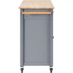 Carro de cocina con ruedas y encimera de madera maciza, ruedas con bloqueo, 137.9 cm de ancho, armario de 4 puertas y dos cajones, especiero