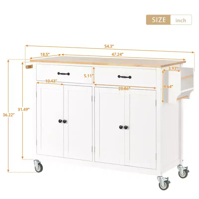 Carro de cocina con ruedas y encimera de madera maciza, ruedas con bloqueo, 137.9 cm de ancho, armario de 4 puertas y dos cajones, especiero