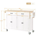 Carro de cocina con ruedas y encimera de madera maciza, ruedas con bloqueo, 137.9 cm de ancho, armario de 4 puertas y dos cajones, especiero