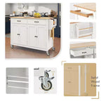 Carro de cocina con ruedas y encimera de madera maciza, ruedas con bloqueo, 137.9 cm de ancho, armario de 4 puertas y dos cajones, especiero