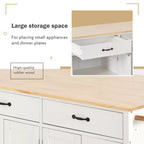Carro de cocina con ruedas y encimera de madera maciza, ruedas con bloqueo, 137.9 cm de ancho, armario de 4 puertas y dos cajones, especiero