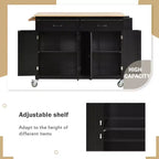 Carro de cocina con ruedas y encimera de madera maciza, ruedas con bloqueo, 137.9 cm de ancho, armario de 4 puertas y dos cajones, especiero