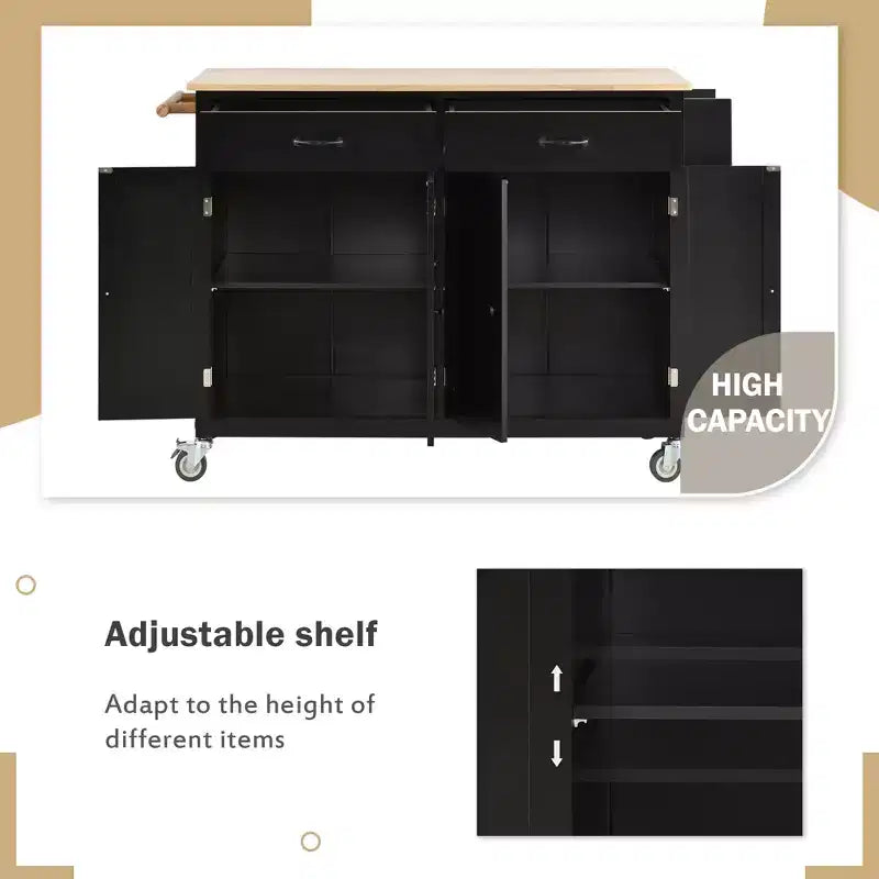 Carro de cocina con ruedas y encimera de madera maciza, ruedas con bloqueo, 137.9 cm de ancho, armario de 4 puertas y dos cajones, especiero