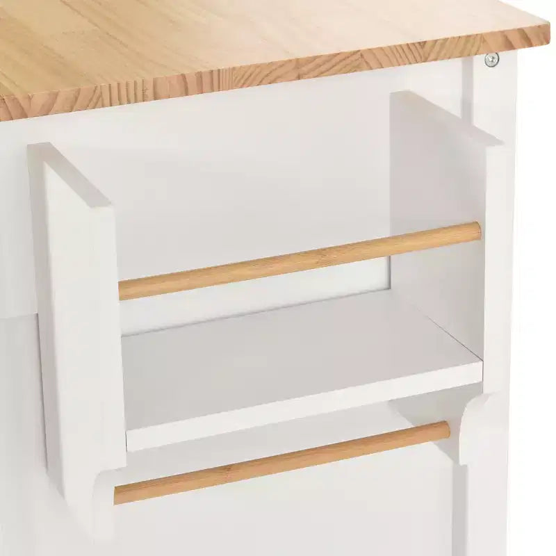 Carro de cocina con ruedas y encimera de madera maciza, ruedas con bloqueo, 137.9 cm de ancho, armario de 4 puertas y dos cajones, especiero