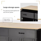 Carro de cocina con ruedas y encimera de madera maciza, ruedas con bloqueo, 137.9 cm de ancho, armario de 4 puertas y dos cajones, especiero