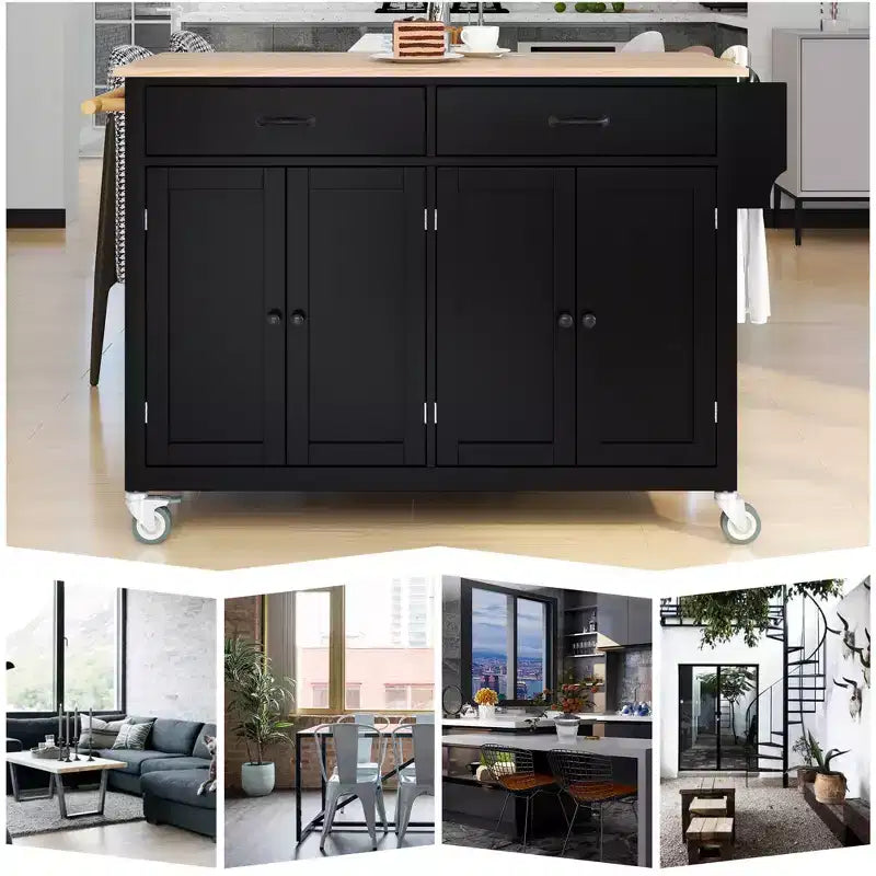 Carro de cocina con ruedas y encimera de madera maciza, ruedas con bloqueo, 137.9 cm de ancho, armario de 4 puertas y dos cajones, especiero