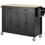 Carro de cocina con ruedas y encimera de madera maciza, ruedas con bloqueo, 137.9 cm de ancho, armario de 4 puertas y dos cajones, especiero