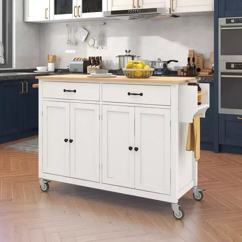 Carro de cocina con ruedas y encimera de madera maciza, ruedas con bloqueo, 137.9 cm de ancho, armario de 4 puertas y dos cajones, especiero