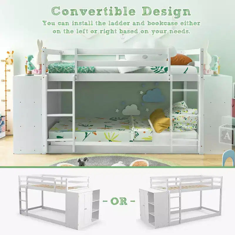 Costway litera doble sobre doble, marco de madera, estantes de almacenamiento, escalera, barandillas para niños, blanco