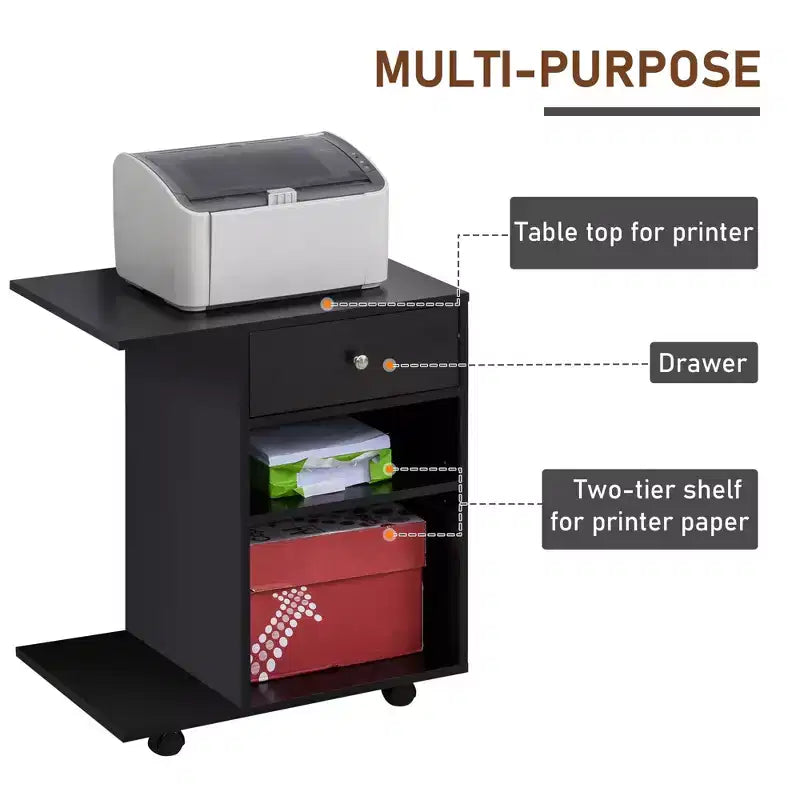 Soporte para impresora móvil, carro archivador rodante con ruedas, estante ajustable, cajón y soporte para CPU