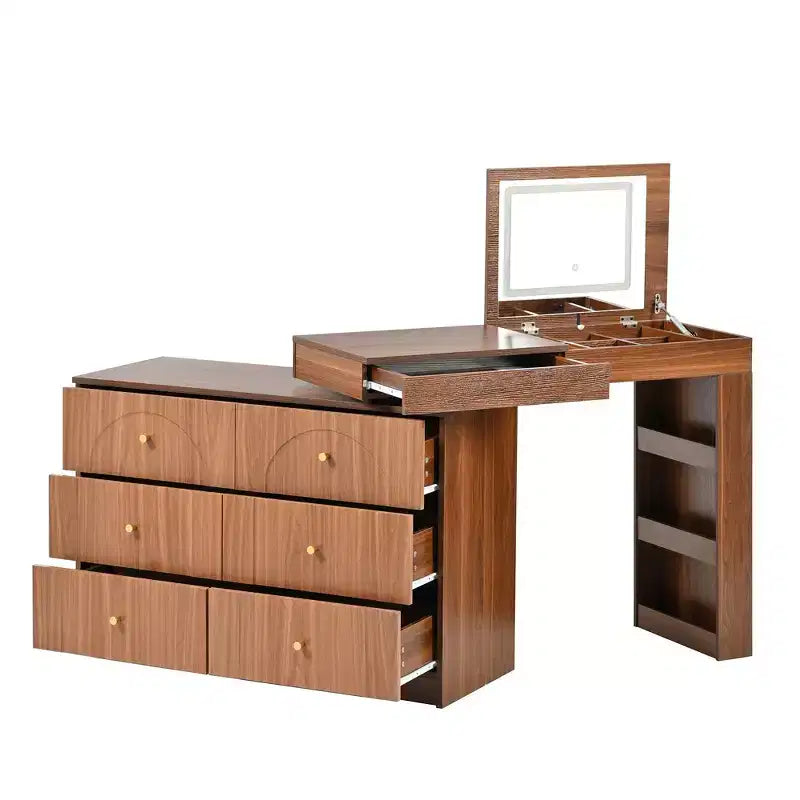 Tocador Okak con espejo abatible, tocador vintage con 7 cajones, 3 estantes y 9 compartimentos, tocador compacto para dormitorio, sala de estar