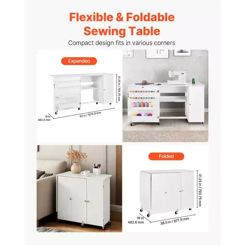 Mesa de Costura Plegable VEVOR, Mesa Multiusos para Máquina de Coser con Gabinete, Diseño Compacto, Ruedas, Clavijas de Madera, Bandejas de Almacenamiento y Estante, Blanca